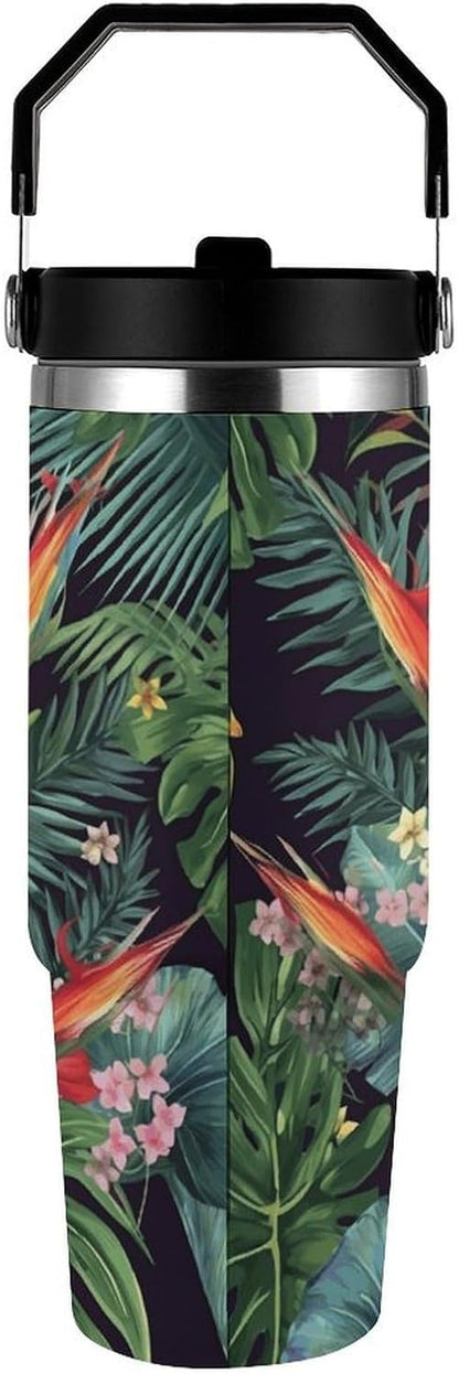 Tropical Plant Flowers Printing Water Bottle with Flip Straw And Handle 30 Oz | Stainless Steel Insulated Tumbler with Lid, Leak Proof for Sports, Outdoor, Workout, Commute