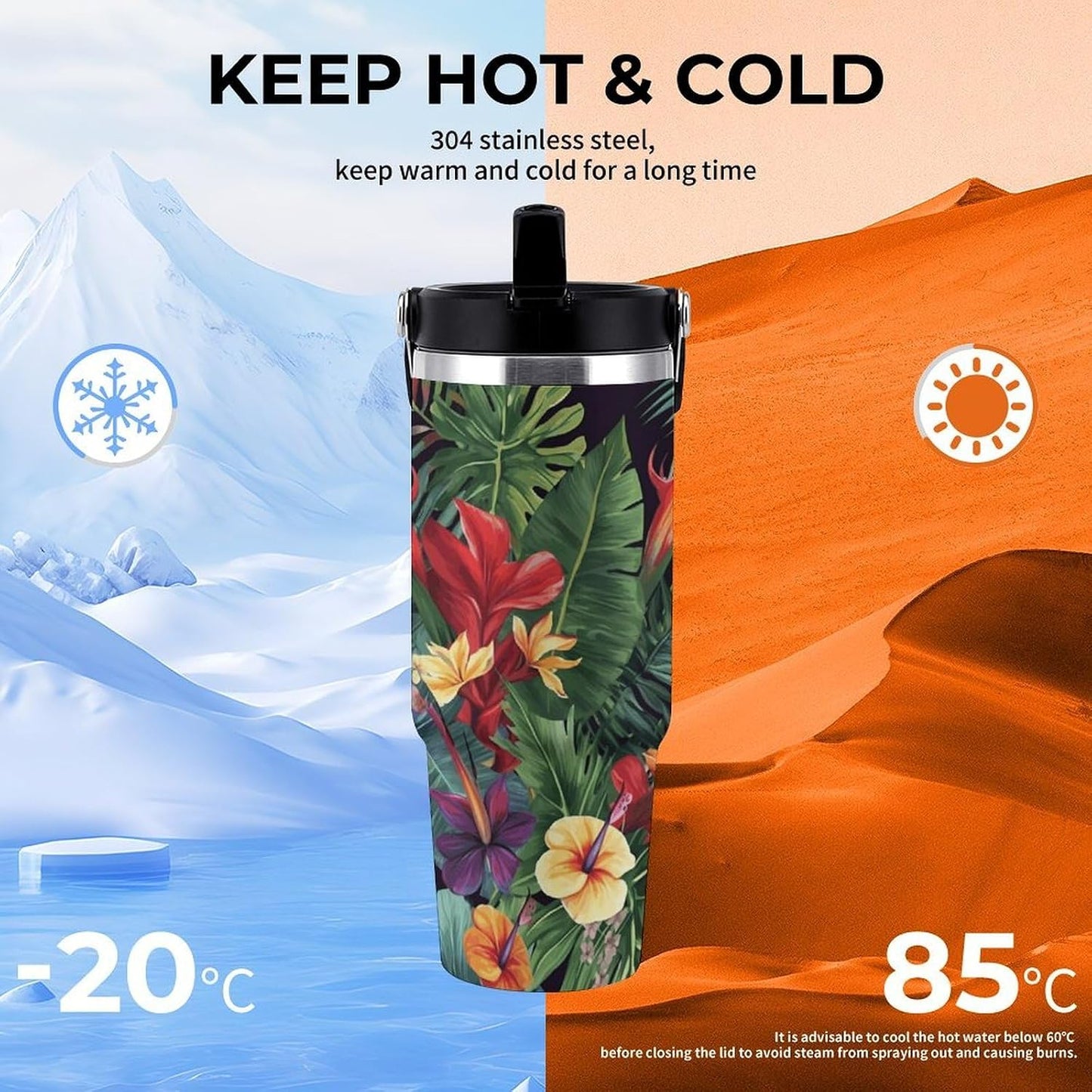 Tropical Plant Flowers Printing Water Bottle with Flip Straw And Handle 30 Oz | Stainless Steel Insulated Tumbler with Lid, Leak Proof for Sports, Outdoor, Workout, Commute