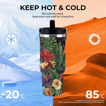 Tropical Plant Flowers Printing Water Bottle with Flip Straw And Handle 30 Oz | Stainless Steel Insulated Tumbler with Lid, Leak Proof for Sports, Outdoor, Workout, Commute