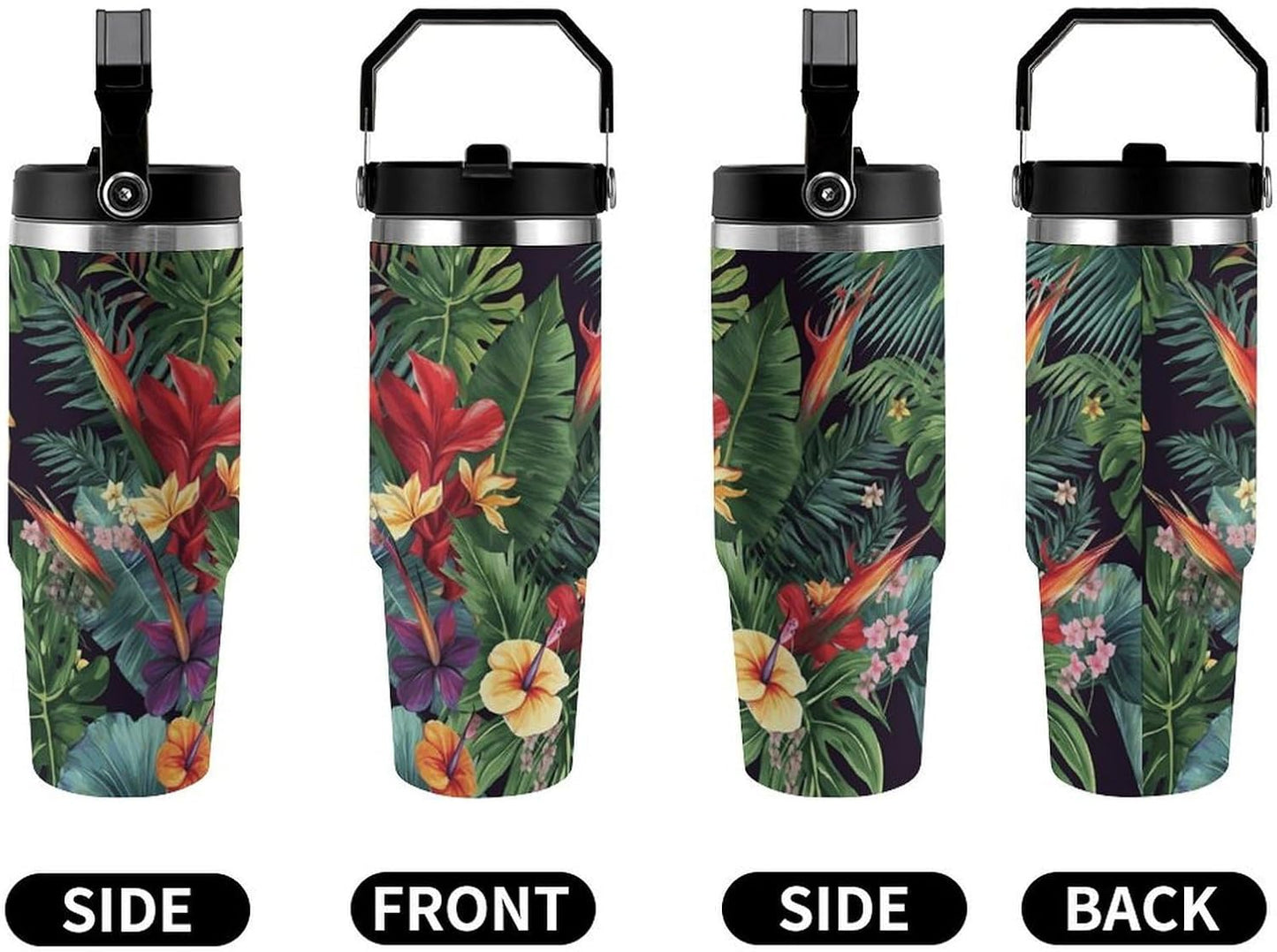 Tropical Plant Flowers Printing Water Bottle with Flip Straw And Handle 30 Oz | Stainless Steel Insulated Tumbler with Lid, Leak Proof for Sports, Outdoor, Workout, Commute