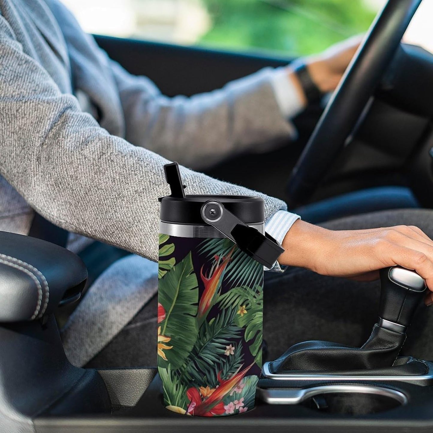 Tropical Plant Flowers Printing Water Bottle with Flip Straw And Handle 30 Oz | Stainless Steel Insulated Tumbler with Lid, Leak Proof for Sports, Outdoor, Workout, Commute