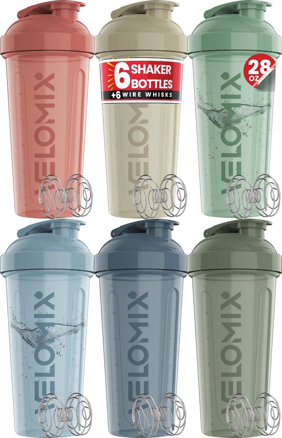 6 Pack 28oz Protein Shaker Bottle for Protein Mixes, Earth Tones