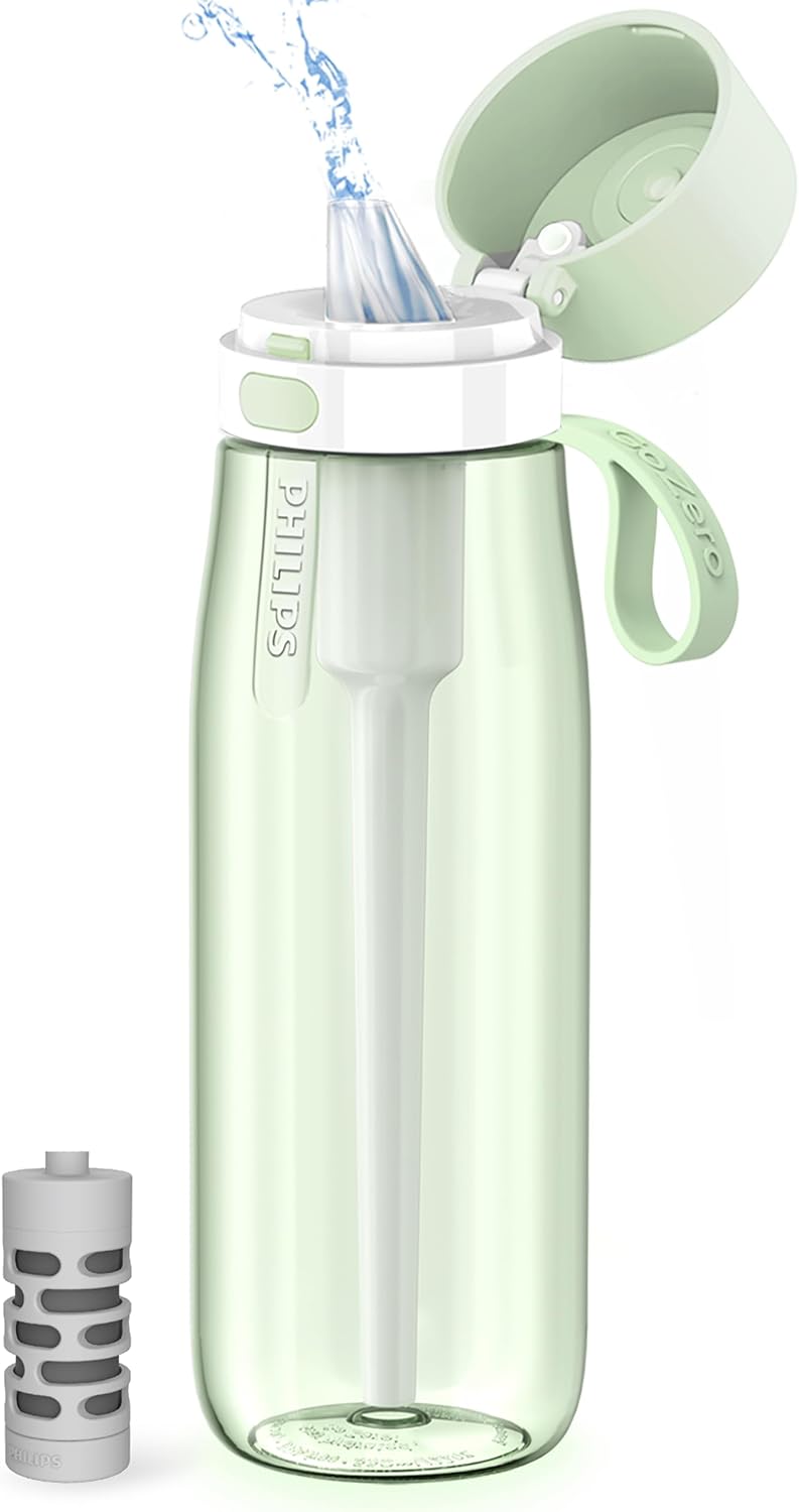 PHILIPS Filtered Water Bottle, BPA-Free Tritan, Travel Portable 22oz Green