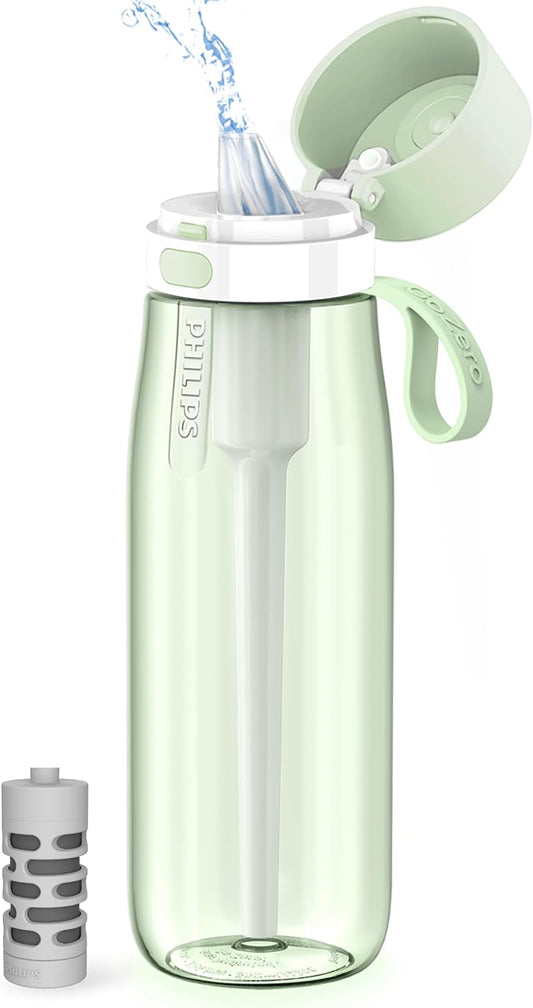 PHILIPS Filtered Water Bottle, BPA-Free Tritan, Travel Portable 22oz Green