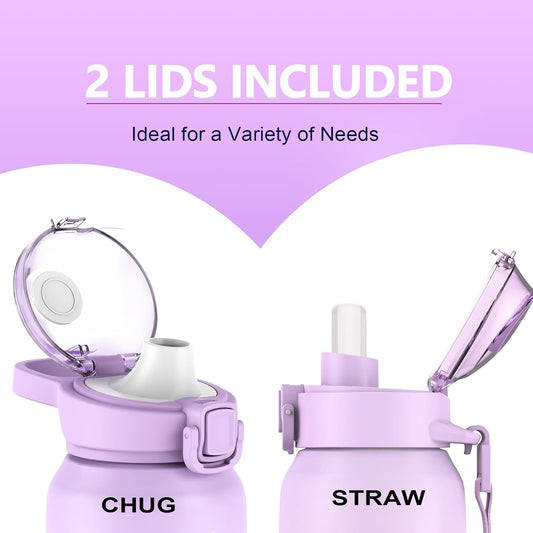 24oz Insulated Water Bottle 18/10 Stainless Steel with 2Lids(Straw Lid& Spout Lids), 700ml Double Wall Vacuum Water Bottle with Handle Keep Cold and Hot for Men, Women & Kids PURPLE PINK