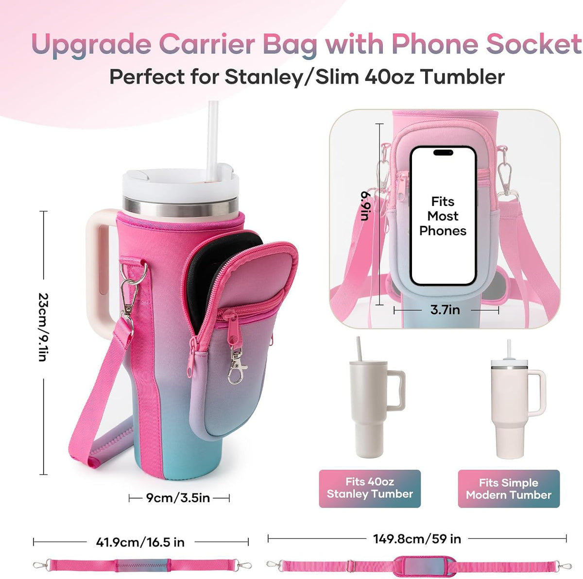 linmaya Water Bottle Carrier Bag for Stanley Cup 40/30oz with Phone Holder Pockets,Neoprene Water Bottle Cross-body Bag with Adjustable Shoulder & Hand Strap Stanley Cup Accessories