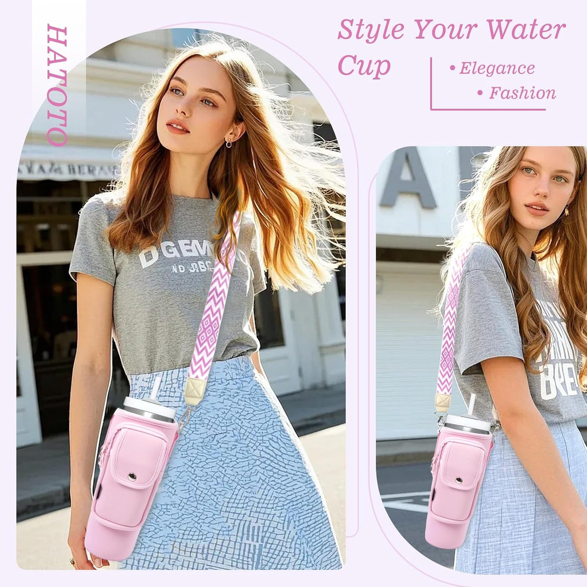 Water Bottle Holder with Strap for Stanley Cup 40/30oz, Insulated Neoprene Stanley Cup Holder with Strap for Tumbler with Handle Stanley Carrier Bag Cross-body Bag for Walking
