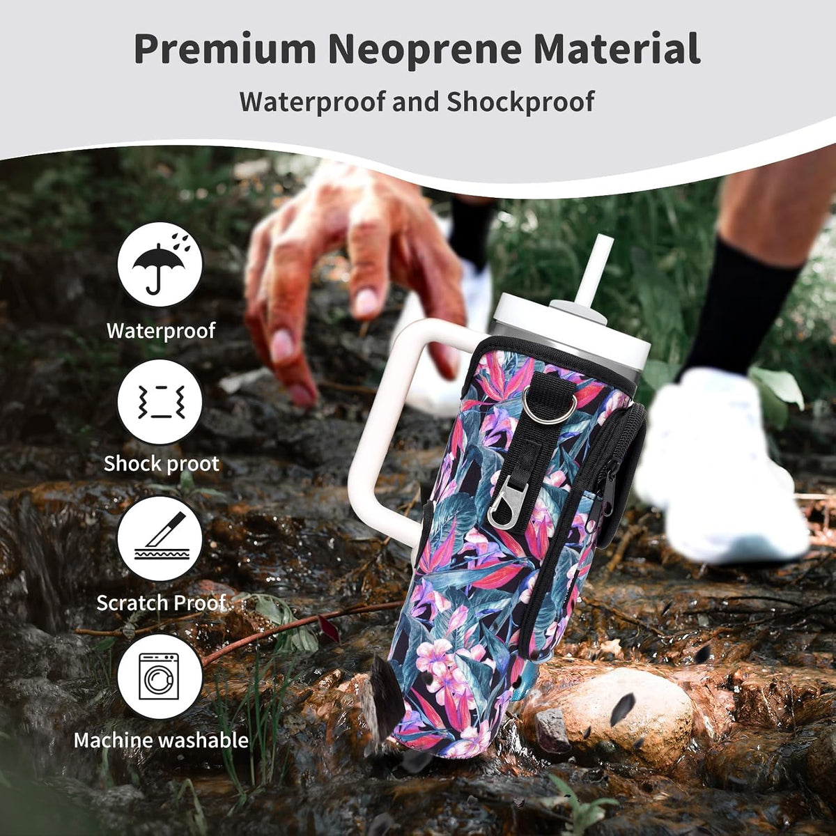 Water Bottle Holder with Strap for Stanley Cup 40/30oz, Insulated Neoprene Stanley Cup Holder with Strap for Tumbler with Handle Stanley Carrier Bag Cross-body Bag for Walking