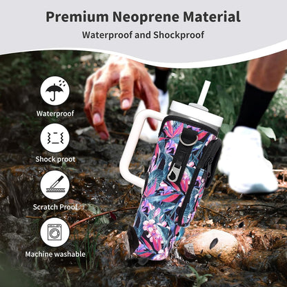 Water Bottle Holder with Strap for Stanley Cup 40/30oz, Insulated Neoprene Stanley Cup Holder with Strap for Tumbler with Handle Stanley Carrier Bag Cross-body Bag for Walking