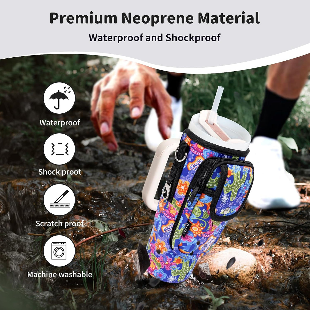 Water Bottle Holder with Strap for Stanley Cup 40/30oz, Insulated Neoprene Stanley Cup Holder with Strap for Tumbler with Handle Stanley Carrier Bag Cross-body Bag for Walking