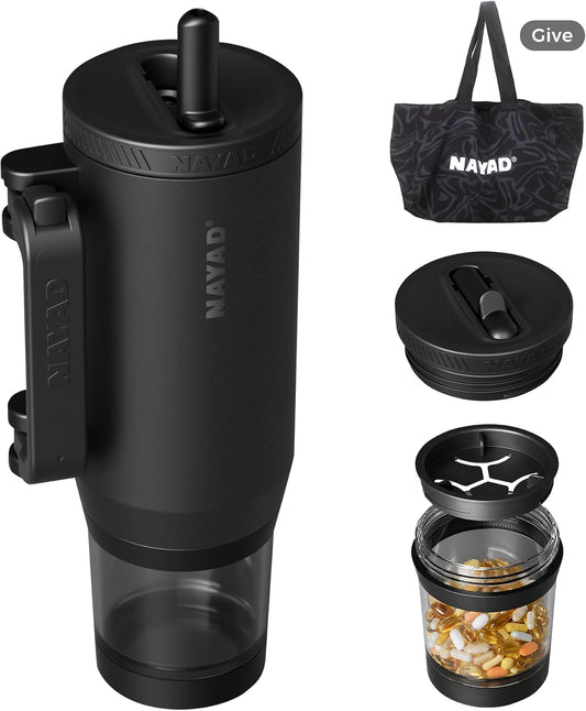 23oz Insulated Tumbler with Foldable Handle & 10ozDetachable Snack/Pill Box | Daul Lids tumbler+10oz container for snacks, supplements, pills, earbuds, powder. Ideal gym office travel hiking