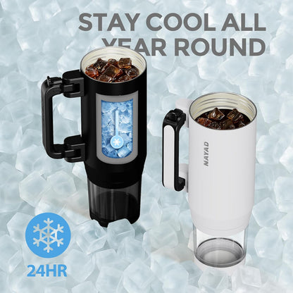 23oz Insulated Tumbler with Foldable Handle & 10ozDetachable Snack/Pill Box | Daul Lids tumbler+10oz container for snacks, supplements, pills, earbuds, powder. Ideal gym office travel hiking