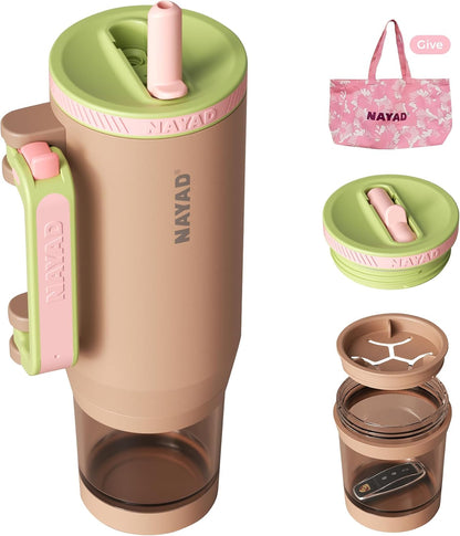 23oz Insulated Tumbler with Foldable Handle & 10ozDetachable Snack/Pill Box | Daul Lids tumbler+10oz container for snacks, supplements, pills, earbuds, powder. Ideal gym office travel hiking