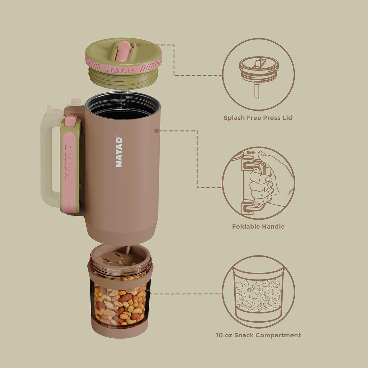 23oz Insulated Tumbler with Foldable Handle & 10ozDetachable Snack/Pill Box | Daul Lids tumbler+10oz container for snacks, supplements, pills, earbuds, powder. Ideal gym office travel hiking