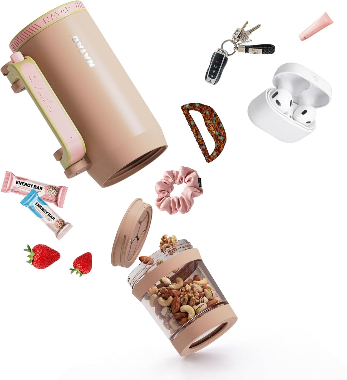 23oz Insulated Tumbler with Foldable Handle & 10ozDetachable Snack/Pill Box | Daul Lids tumbler+10oz container for snacks, supplements, pills, earbuds, powder. Ideal gym office travel hiking