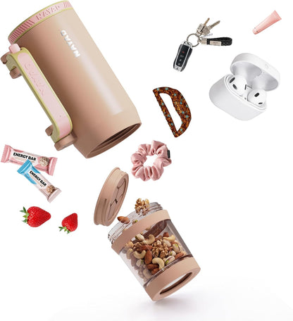 23oz Insulated Tumbler with Foldable Handle & 10ozDetachable Snack/Pill Box | Daul Lids tumbler+10oz container for snacks, supplements, pills, earbuds, powder. Ideal gym office travel hiking