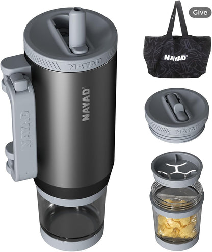 23oz Insulated Tumbler with Foldable Handle & 10ozDetachable Snack/Pill Box | Daul Lids tumbler+10oz container for snacks, supplements, pills, earbuds, powder. Ideal gym office travel hiking