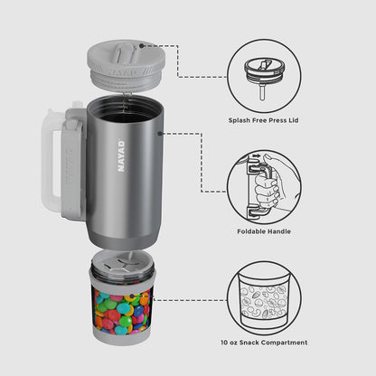 23oz Insulated Tumbler with Foldable Handle & 10ozDetachable Snack/Pill Box | Daul Lids tumbler+10oz container for snacks, supplements, pills, earbuds, powder. Ideal gym office travel hiking