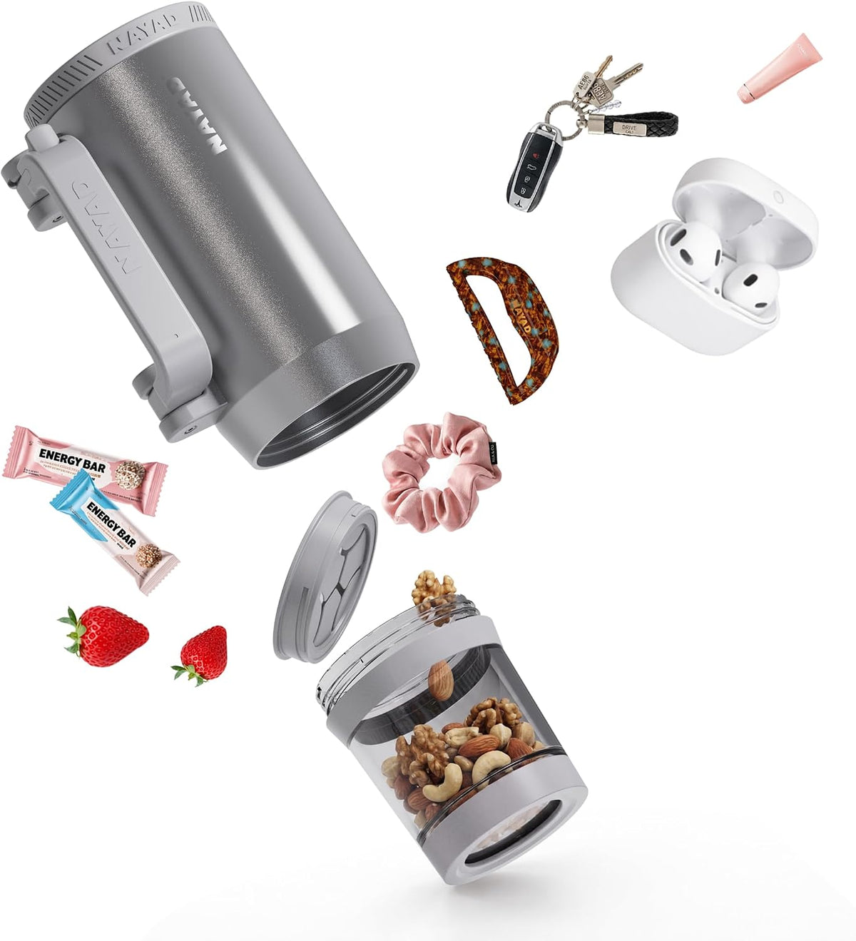 23oz Insulated Tumbler with Foldable Handle & 10ozDetachable Snack/Pill Box | Daul Lids tumbler+10oz container for snacks, supplements, pills, earbuds, powder. Ideal gym office travel hiking