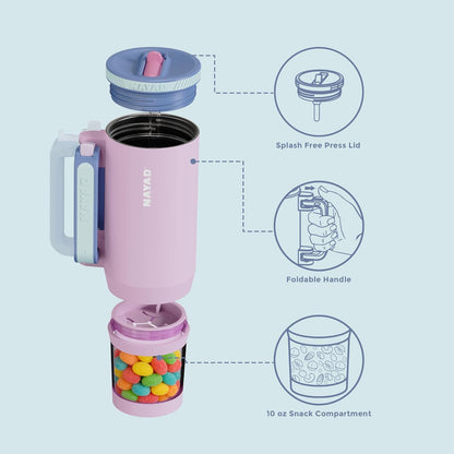 23oz Insulated Tumbler with Foldable Handle & 10ozDetachable Snack/Pill Box | Daul Lids tumbler+10oz container for snacks, supplements, pills, earbuds, powder. Ideal gym office travel hiking