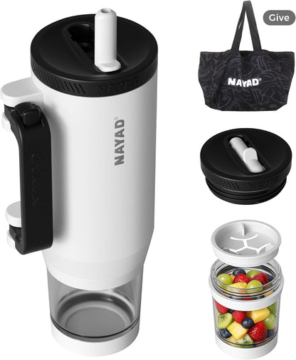 23oz Insulated Tumbler with Foldable Handle & 10ozDetachable Snack/Pill Box | Daul Lids tumbler+10oz container for snacks, supplements, pills, earbuds, powder. Ideal gym office travel hiking