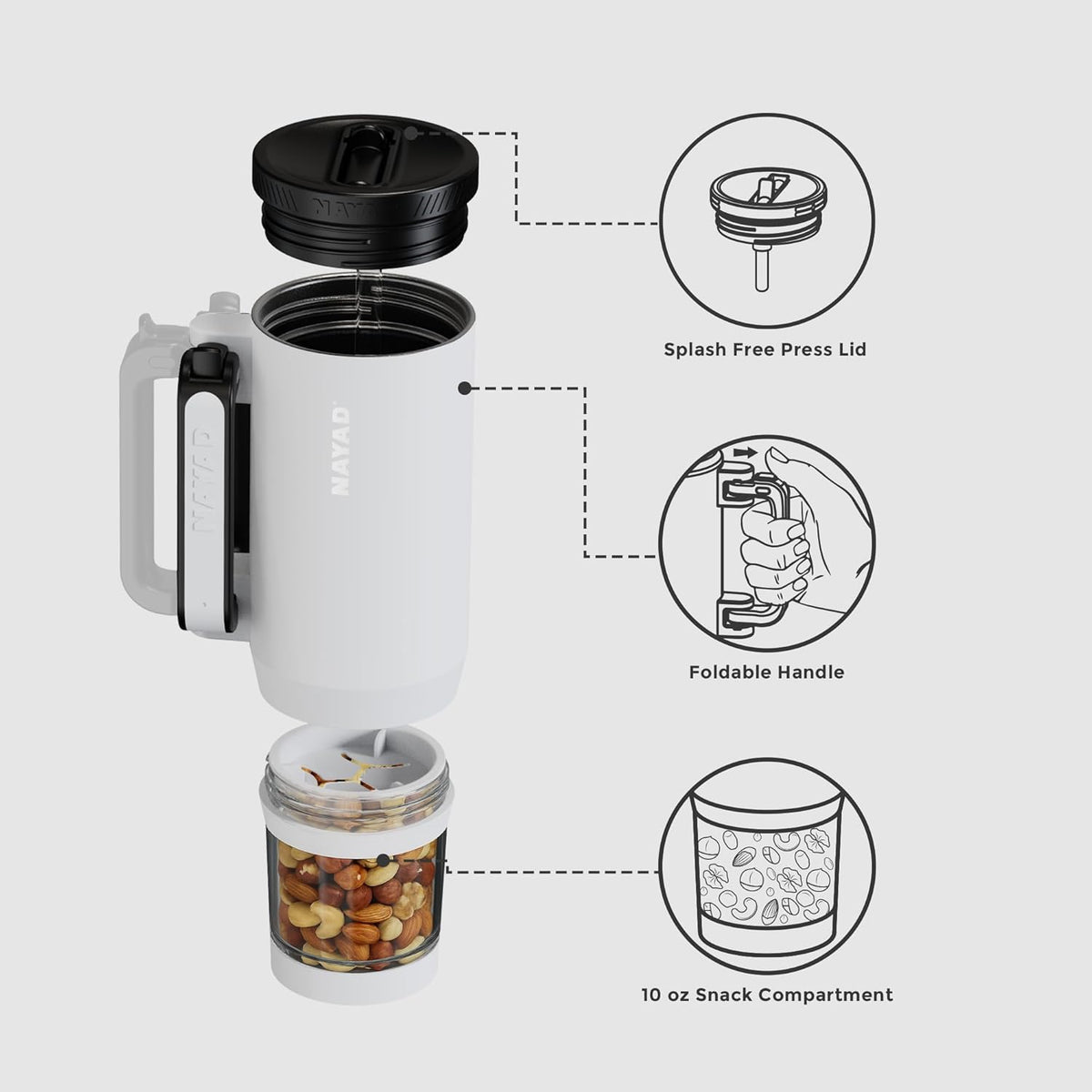 23oz Insulated Tumbler with Foldable Handle & 10ozDetachable Snack/Pill Box | Daul Lids tumbler+10oz container for snacks, supplements, pills, earbuds, powder. Ideal gym office travel hiking