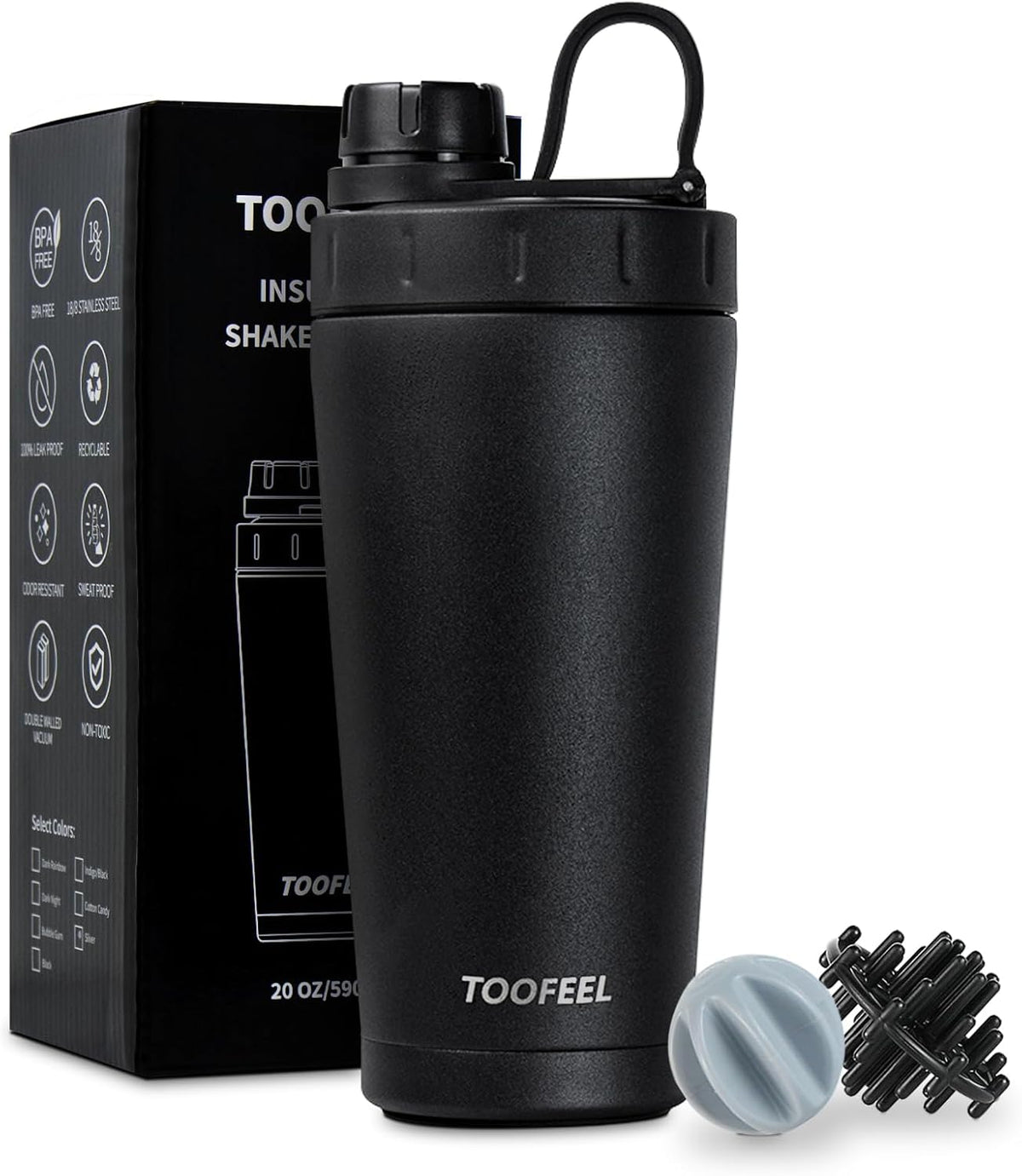 TOOFEEL Protein Shaker Bottle 20 oz - Double Walled Insulated Vacuum Cup for Protein Shakes, Keeps Cold/Hot, Metal Stainless Steel, Preworkout Gym