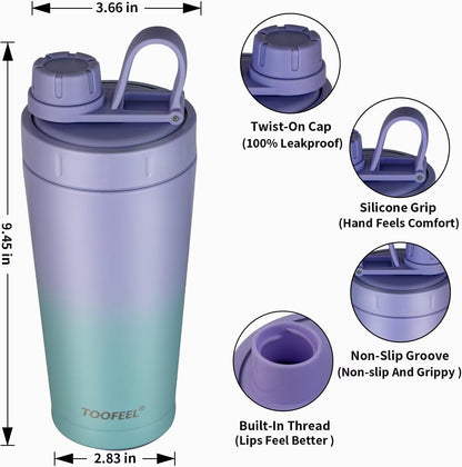 TOOFEEL Protein Shaker Bottle 20 oz - Double Walled Insulated Vacuum Cup for Protein Shakes, Keeps Cold/Hot, Metal Stainless Steel, Preworkout Gym