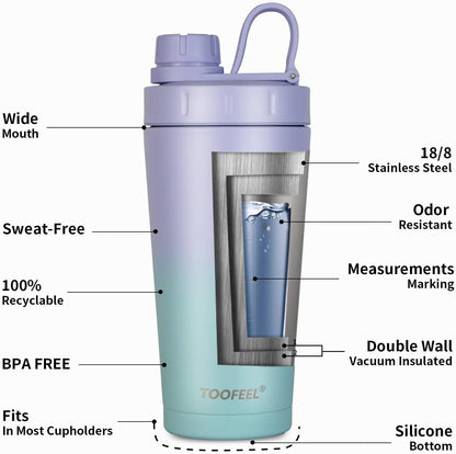 TOOFEEL Protein Shaker Bottle 20 oz - Double Walled Insulated Vacuum Cup for Protein Shakes, Keeps Cold/Hot, Metal Stainless Steel, Preworkout Gym