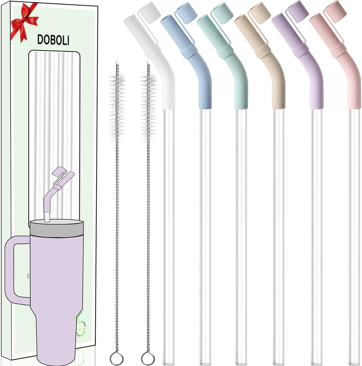 6 Pack Reusable Drinking Long Straws with Silicone Tips,Compatible with Stanley 40 oz 30 oz Cup Tumbler,6 Clear Plastic Straws, 6 Silicone Tips, 2 Straw Cleaning Brush