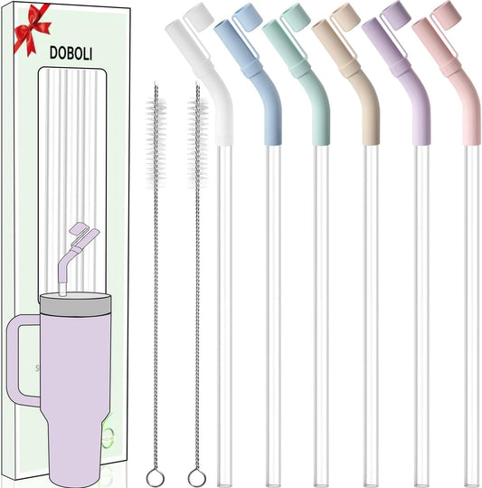 6 Pack Reusable Drinking Long Straws with Silicone Tips,Compatible with Stanley 40 oz 30 oz Cup Tumbler,6 Clear Plastic Straws, 6 Silicone Tips, 2 Straw Cleaning Brush