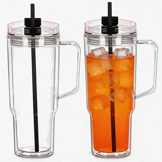 40 oz Plastic Tumblers with Handle, Screw Off Lid with Included Straw, Double Wall Leakproof Reusable Water Bottle Travel Mug Cup for Iced Coffee, Hot Cold Drink, Smoothie (2, Transparently)