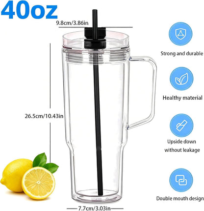 40 oz Plastic Tumblers with Handle, Screw Off Lid with Included Straw, Double Wall Leakproof Reusable Water Bottle Travel Mug Cup for Iced Coffee, Hot Cold Drink, Smoothie (2, Transparently)