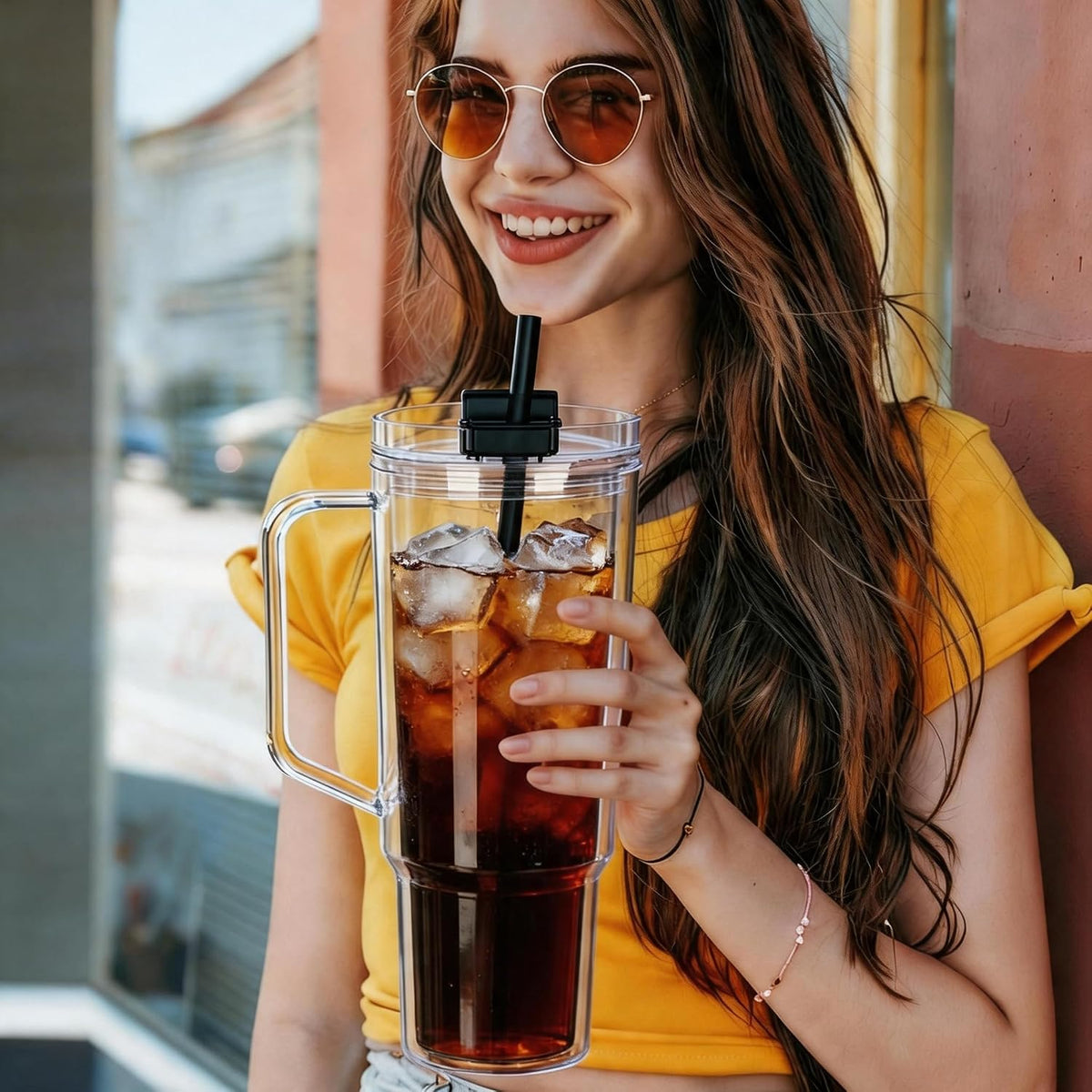 40 oz Plastic Tumblers with Handle, Screw Off Lid with Included Straw, Double Wall Leakproof Reusable Water Bottle Travel Mug Cup for Iced Coffee, Hot Cold Drink, Smoothie (2, Transparently)