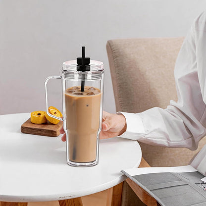 40 oz Plastic Tumblers with Handle, Screw Off Lid with Included Straw, Double Wall Leakproof Reusable Water Bottle Travel Mug Cup for Iced Coffee, Hot Cold Drink, Smoothie (2, Transparently)