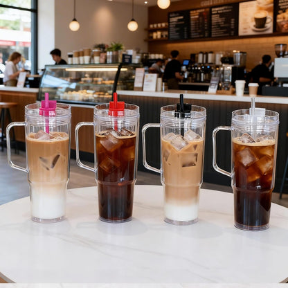 40 oz Plastic Tumblers with Handle, Screw Off Lid with Included Straw, Double Wall Leakproof Reusable Water Bottle Travel Mug Cup for Iced Coffee, Hot Cold Drink, Smoothie (2, Transparently)