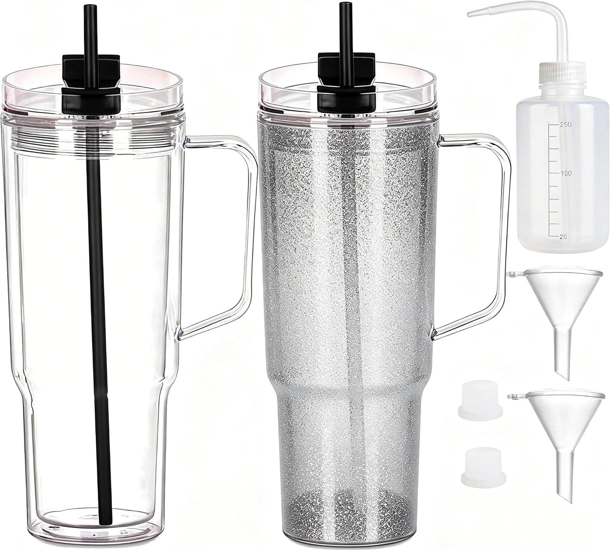 40 oz Plastic Tumblers with Handle, Screw Off Lid with Included Straw, Double Wall Leakproof Reusable Water Bottle Travel Mug Cup for Iced Coffee, Hot Cold Drink, Smoothie (2, Transparently)