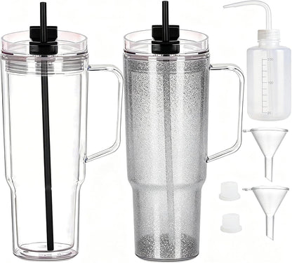 40 oz Plastic Tumblers with Handle, Screw Off Lid with Included Straw, Double Wall Leakproof Reusable Water Bottle Travel Mug Cup for Iced Coffee, Hot Cold Drink, Smoothie (2, Transparently)