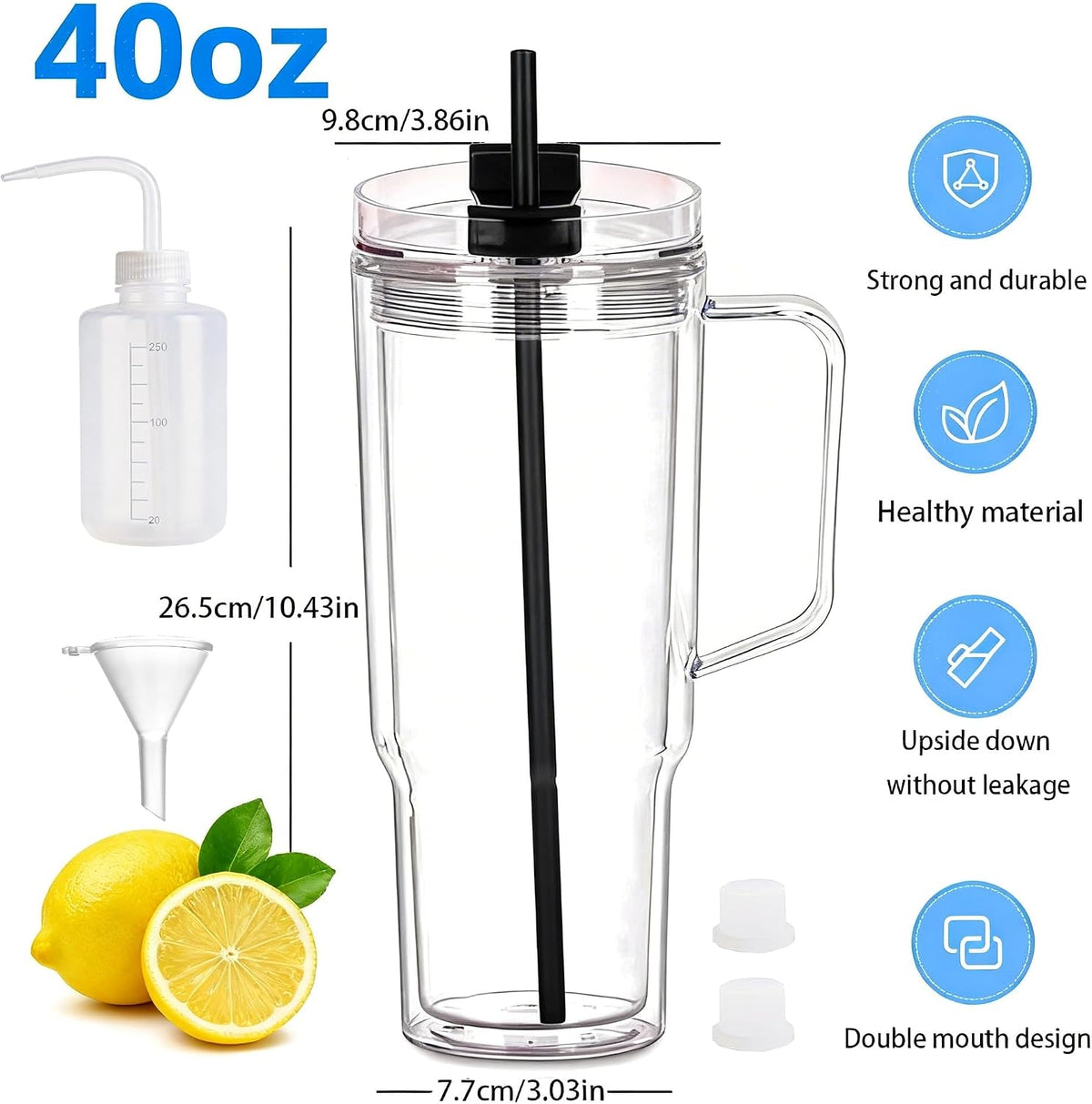 40 oz Plastic Tumblers with Handle, Screw Off Lid with Included Straw, Double Wall Leakproof Reusable Water Bottle Travel Mug Cup for Iced Coffee, Hot Cold Drink, Smoothie (2, Transparently)