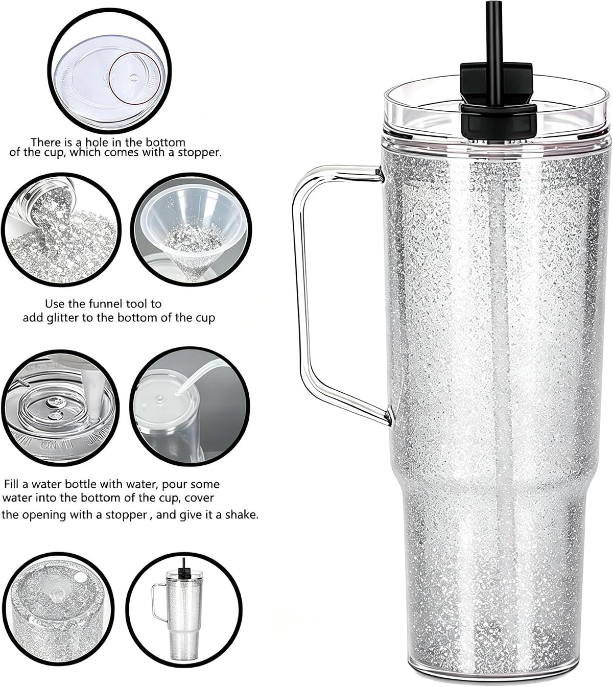 40 oz Plastic Tumblers with Handle, Screw Off Lid with Included Straw, Double Wall Leakproof Reusable Water Bottle Travel Mug Cup for Iced Coffee, Hot Cold Drink, Smoothie (2, Transparently)