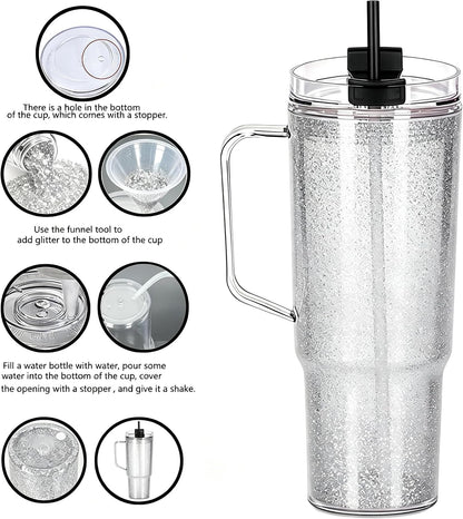 40 oz Plastic Tumblers with Handle, Screw Off Lid with Included Straw, Double Wall Leakproof Reusable Water Bottle Travel Mug Cup for Iced Coffee, Hot Cold Drink, Smoothie (2, Transparently)