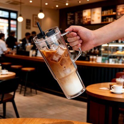 40 oz Plastic Tumblers with Handle, Screw Off Lid with Included Straw, Double Wall Leakproof Reusable Water Bottle Travel Mug Cup for Iced Coffee, Hot Cold Drink, Smoothie (2, Transparently)