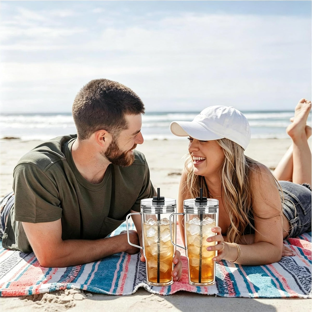 40 oz Plastic Tumblers with Handle, Screw Off Lid with Included Straw, Double Wall Leakproof Reusable Water Bottle Travel Mug Cup for Iced Coffee, Hot Cold Drink, Smoothie (2, Transparently)