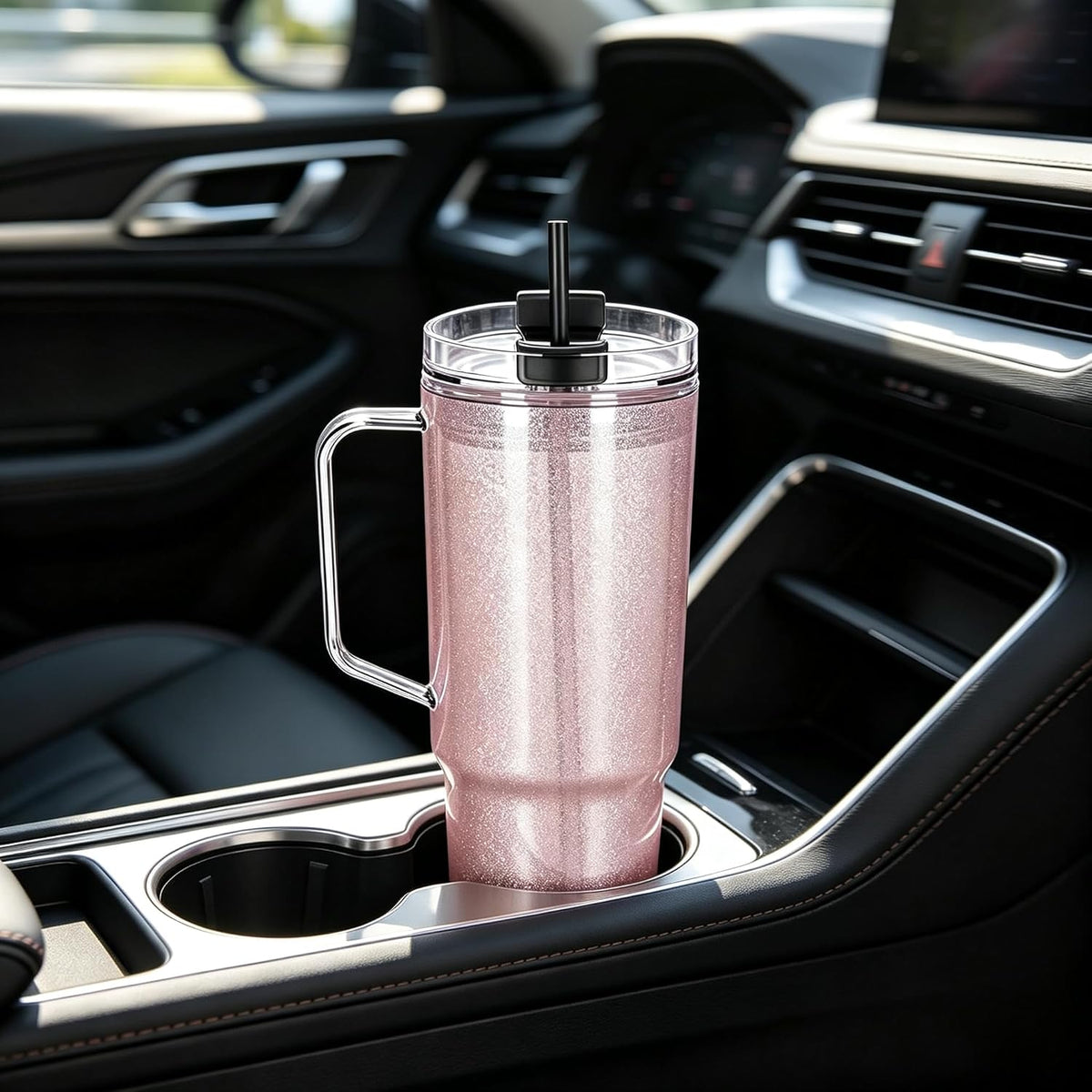 40 oz Plastic Tumblers with Handle, Screw Off Lid with Included Straw, Double Wall Leakproof Reusable Water Bottle Travel Mug Cup for Iced Coffee, Hot Cold Drink, Smoothie (2, Transparently)