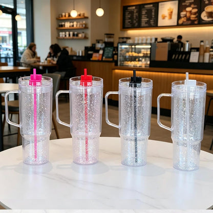 40 oz Plastic Tumblers with Handle, Screw Off Lid with Included Straw, Double Wall Leakproof Reusable Water Bottle Travel Mug Cup for Iced Coffee, Hot Cold Drink, Smoothie (2, Transparently)