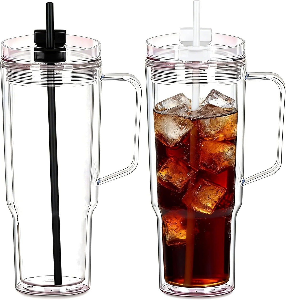 40 oz Plastic Tumblers with Handle, Screw Off Lid with Included Straw, Double Wall Leakproof Reusable Water Bottle Travel Mug Cup for Iced Coffee, Hot Cold Drink, Smoothie (2, Transparently)