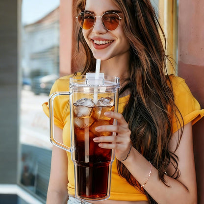 40 oz Plastic Tumblers with Handle, Screw Off Lid with Included Straw, Double Wall Leakproof Reusable Water Bottle Travel Mug Cup for Iced Coffee, Hot Cold Drink, Smoothie (2, Transparently)