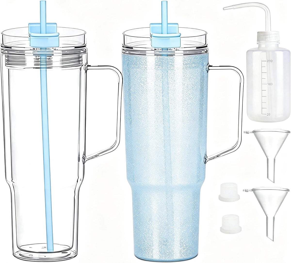 40 oz Plastic Tumblers with Handle, Screw Off Lid with Included Straw, Double Wall Leakproof Reusable Water Bottle Travel Mug Cup for Iced Coffee, Hot Cold Drink, Smoothie (2, Transparently)