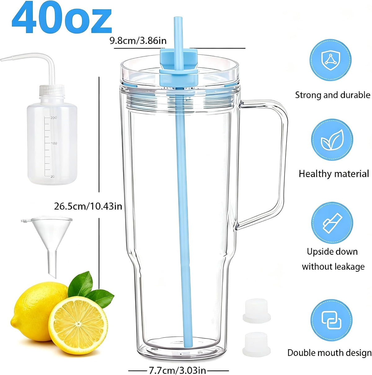40 oz Plastic Tumblers with Handle, Screw Off Lid with Included Straw, Double Wall Leakproof Reusable Water Bottle Travel Mug Cup for Iced Coffee, Hot Cold Drink, Smoothie (2, Transparently)