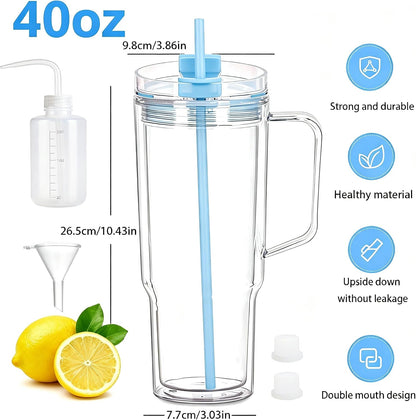 40 oz Plastic Tumblers with Handle, Screw Off Lid with Included Straw, Double Wall Leakproof Reusable Water Bottle Travel Mug Cup for Iced Coffee, Hot Cold Drink, Smoothie (2, Transparently)